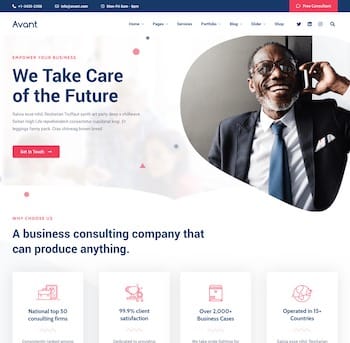 A business consulting company website with a man on the phone.