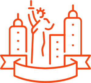 A red and black logo of buildings with a person in the middle.