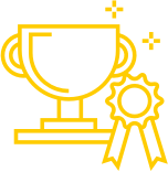 A yellow trophy and ribbon on a black background