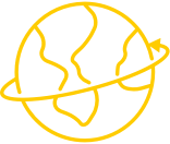 A yellow and black logo of a globe with a crossed out line.