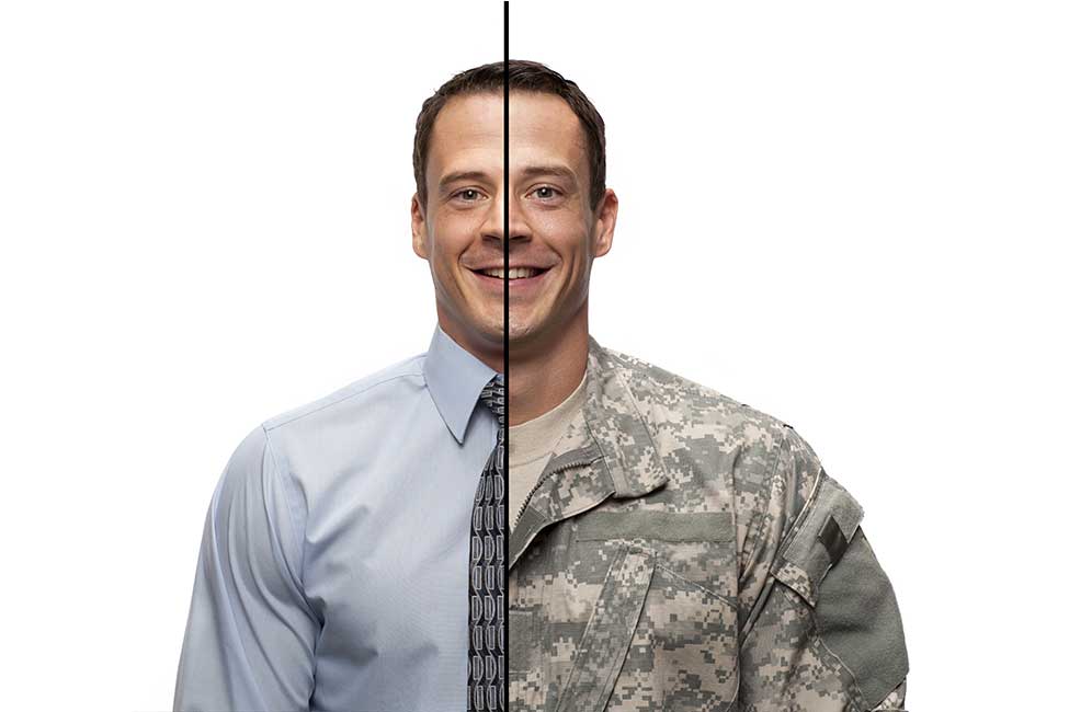 A man and a soldier are split in half.