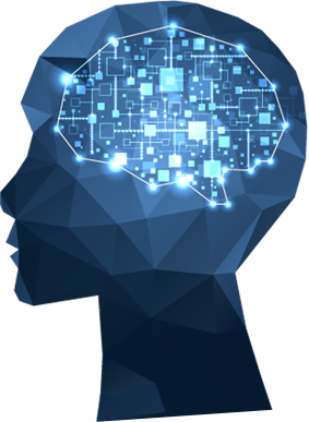 A blue geometric head with a glowing brain